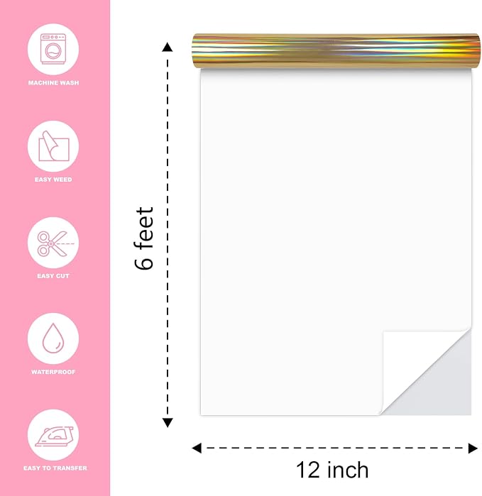 Holographic Gold Heat Transfer Vinyl Roll, Soft Metallic Foil HTV