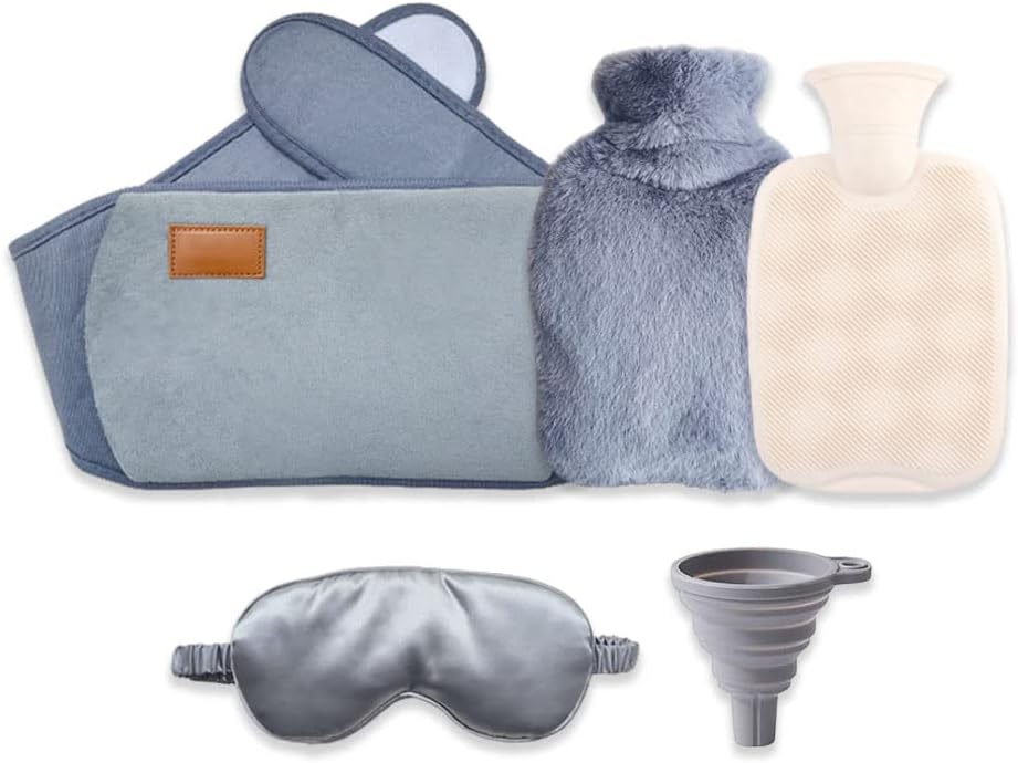 3 in 1 Hot Water Bottle Pouch with Waist Cover, Warm Water Bag, Pouch with Soft Belt, Eye Mask+Funnel, for Pain Relief Waist, Back, Neck