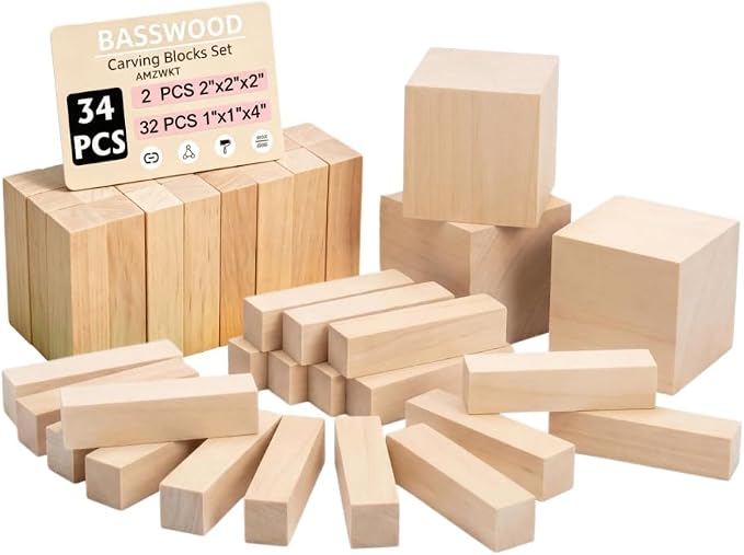 34PCS Basswood Carving Blocks, Soft Unfinished Wood Whittling Blanks in 2 Sizes