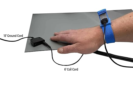 RubberStat Dual Layer ESD Compliant Workstation Rubber Table Mat Kit, Soldering, Cell Phone Repair, with Wrist Strap Set and Ground Cord - 48"x72" Grey