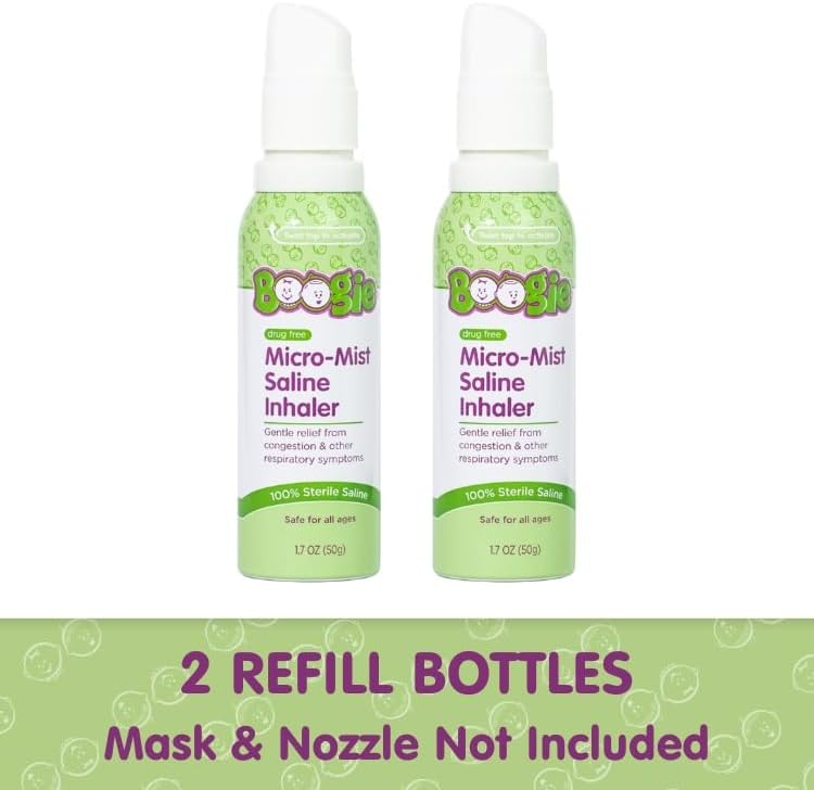 Boogie Micro-Mist Saline Inhaler Refill, Baby Nose Congestion Relief, Nasal Spray for Kids, Pediatrician Recommended, Unscented, 1.7 oz (Pack of 2)