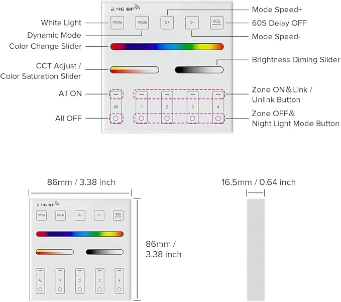 BTF-LIGHTING WR01RF Wireless 2.4G RF 4 Zones RGB RGBW RGBCCT Wall Mounted Smart Panel Remote Powered by 2XAAA Batteries 3V Work with DR03W DR04W WB5 LM052 C03RF C04RF C05RF C03W C04W C05W Controller