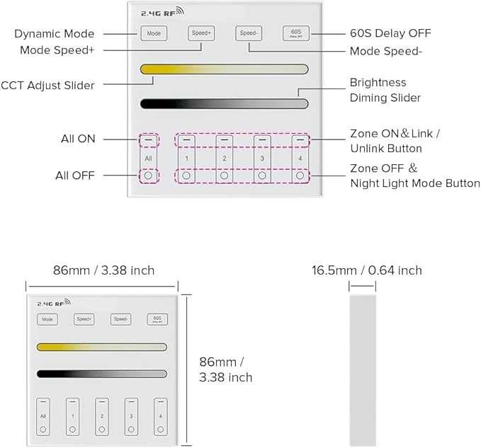 BTF-LIGHTING WR02RF Wireless 2.4G RF 4 Zones CCT Color Temperature LED Strip Wall Mounted Smart Panel Remote Powered by 2XAAA Batteries 3V Work with WB5 LM052 LM053 C02RF C02W C01RF C01W Controller