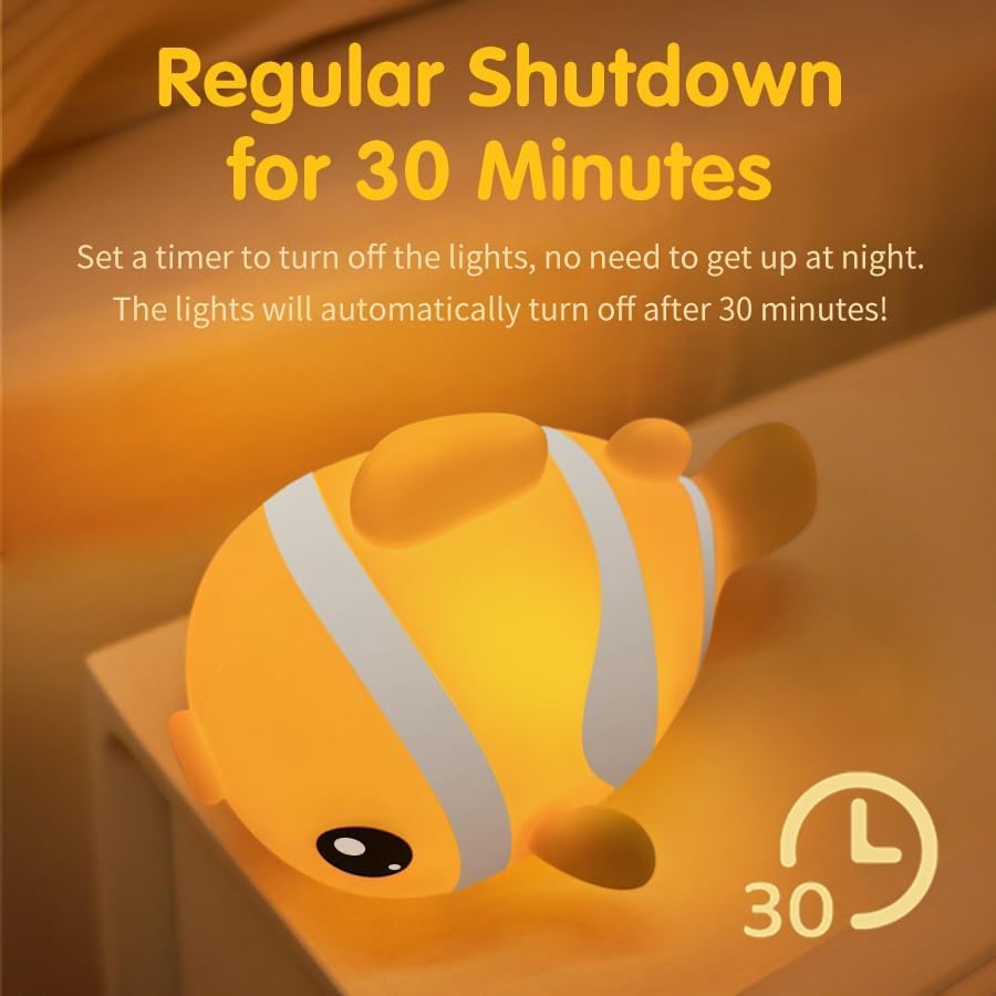 Clownfish Night Light for Kids Nursery - Adorable Ocean-Themed Silicone Baby Light with 3-Level Dimmable LED, Portable Toddler Sleep Lamp for Bedroom, Kids Room, Baby Shower & Birthday Gift