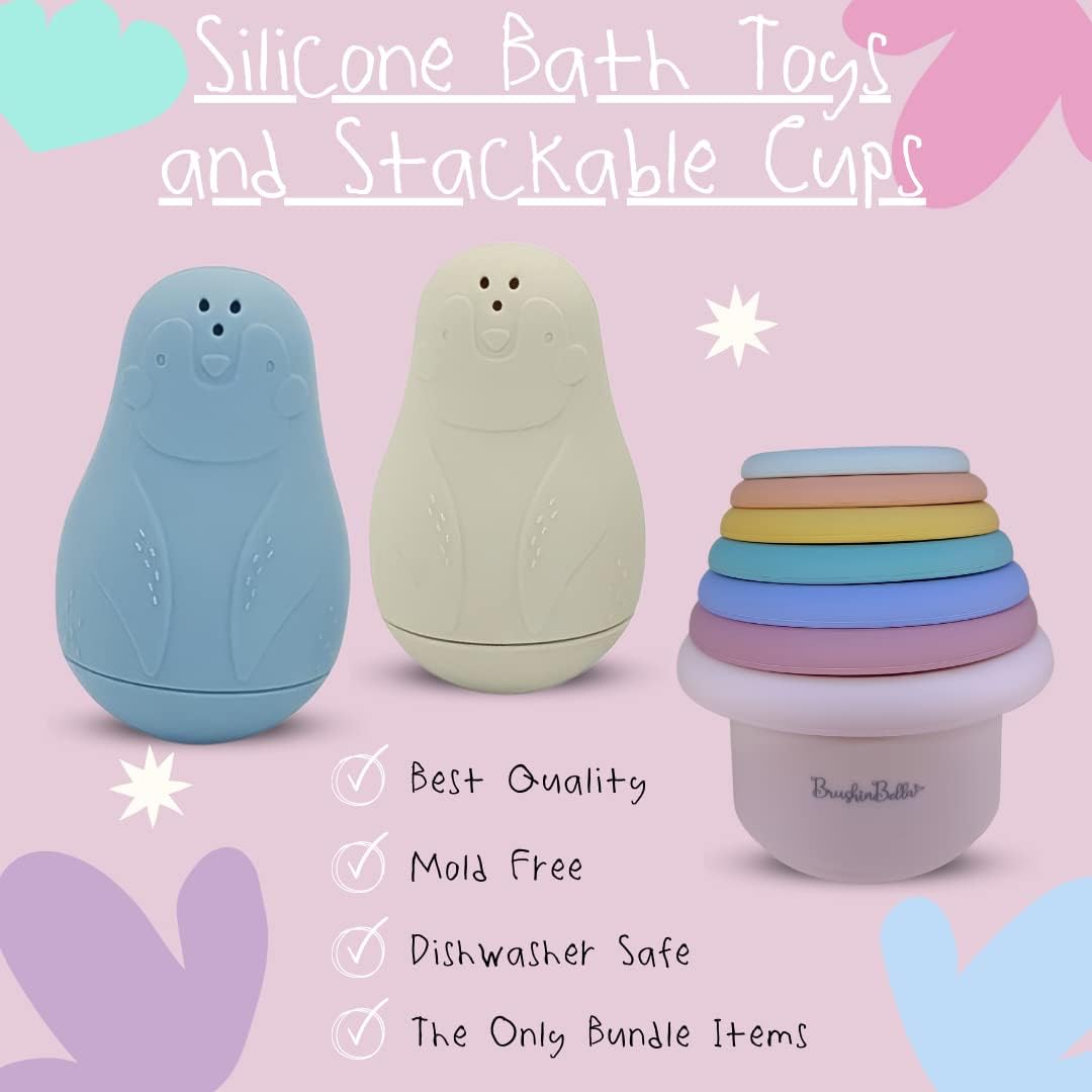 Silicone Bath Toys, Dishwasher-Safe Baby Toys, Toddler Toys, Montessori Stackable Cups, Cleanable Bath Toys for Baby and Toddler, Baby Bath Essentials, Tub Toys, 4-Pack, Blue