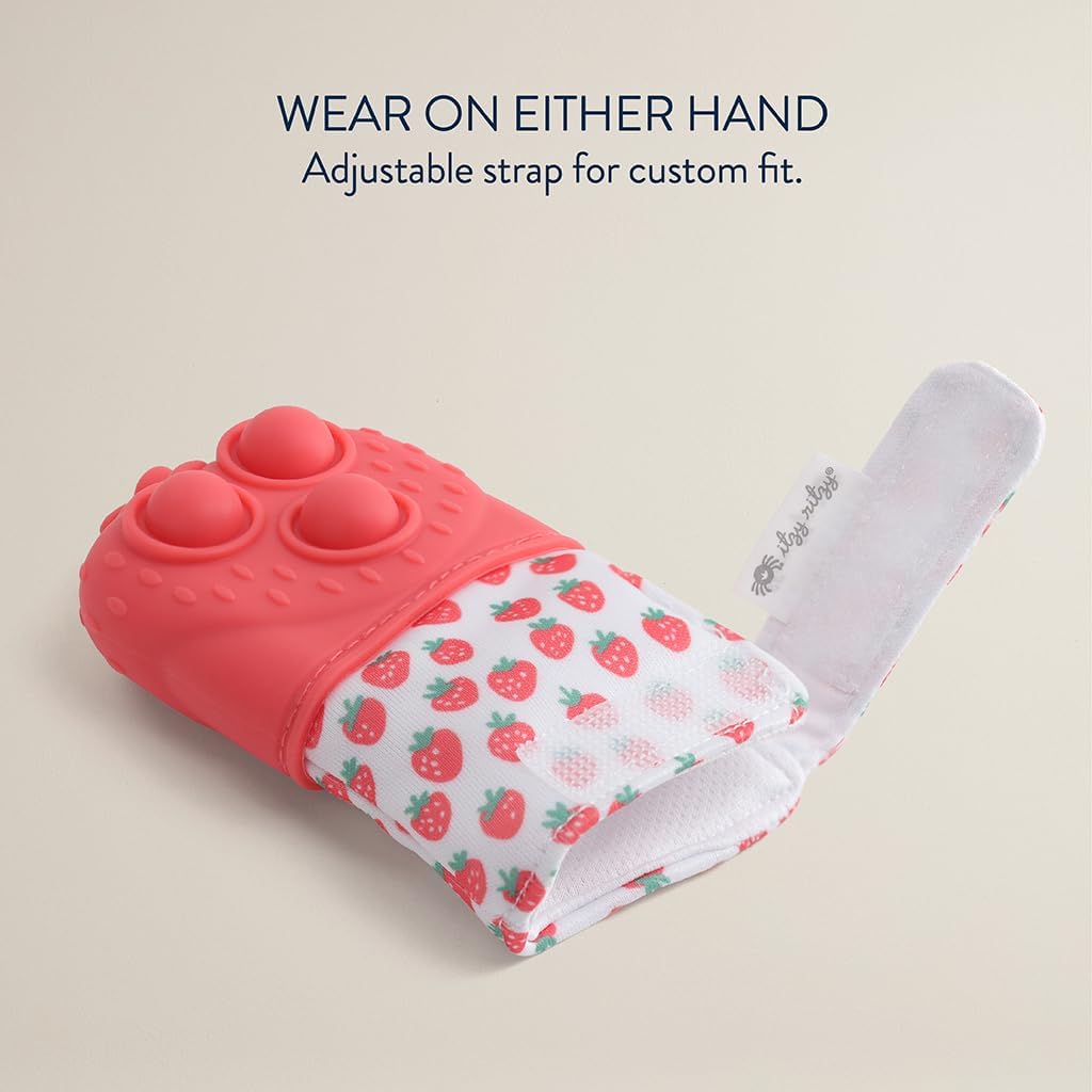Itzy Ritzy Silicone Teething Mitt - Soothing Infant Teething Mitten with Adjustable Strap, Crinkle Sound & Textured Silicone to Soothe Sore & Swollen Gums - for Ages 3 Months & Up (Strawberry)