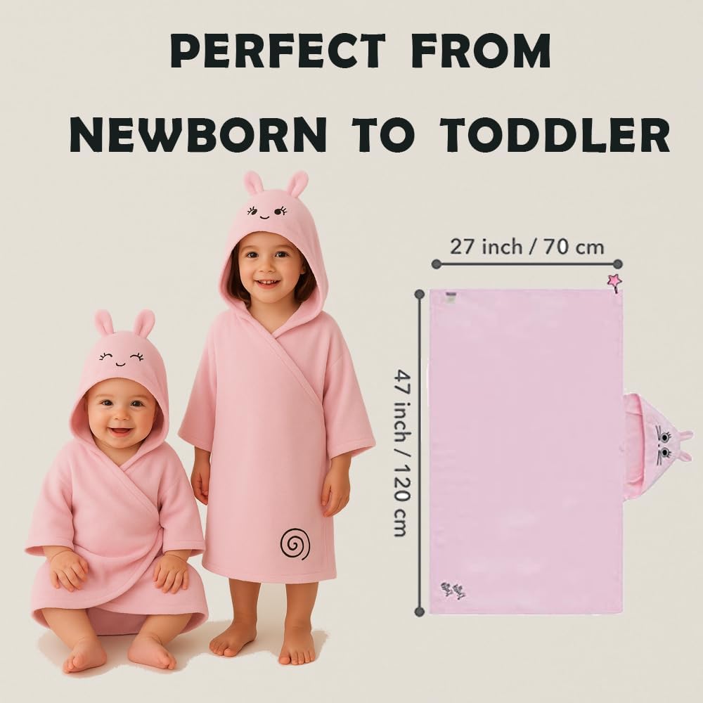 Milk&Moo Baby Hooded Towel, 100% Organic Turkish Cotton, Ultra Absorbent Bath Towel with Hood, 27x47 Inch, for Baby Boys & Girls (0-2 Years, Pink)