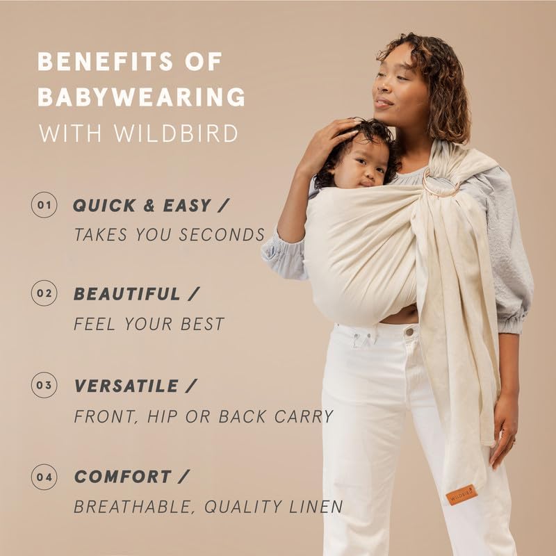 WildBird - Ring Sling Baby Carrier - Newborn to Up to 35 lbs - for Moms, Dads & Caregivers - 100% Natural European Linen Fibers - Versatile & Adjustable - 90” Size - Sparrow Fabric & Black Ring
