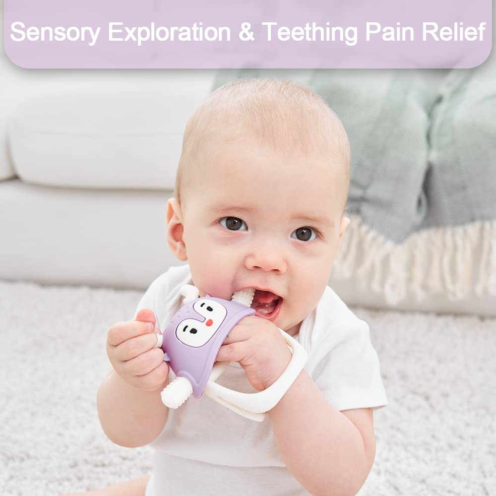 Smily Mia Never Drop Reindeer Silicone Baby Chewing Toy for 3M+ Infants, Easy to Hold Teething Miteen with Soft Textures for Sensory Exploration and Teething Pain Relief-Purple