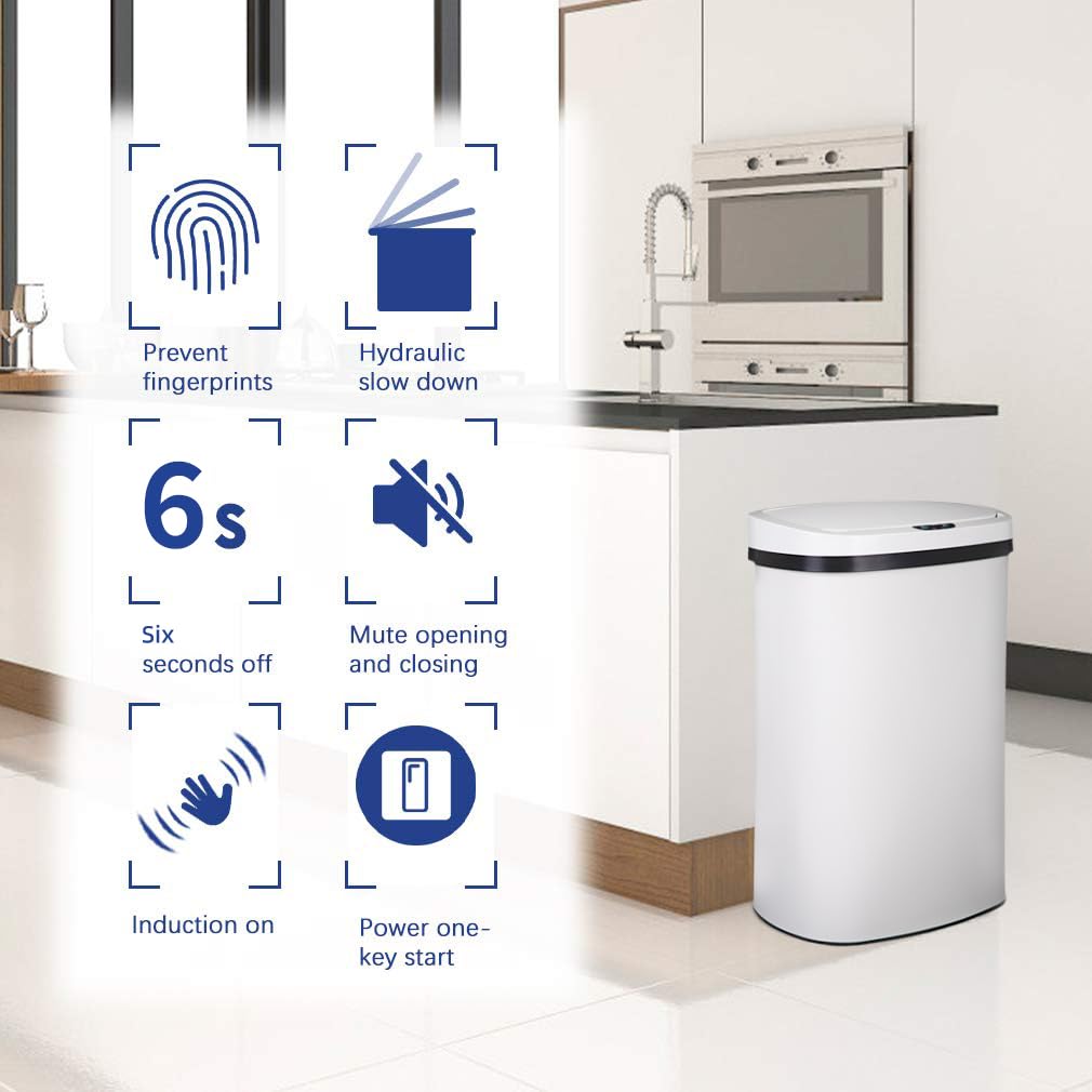 Kitchen Trash Can Office Bathroom Bedroom Waste Bin with Lid Automatic Sensor Touch Free Stainless Steel Garbage Can 13 Gallon / 50L,White