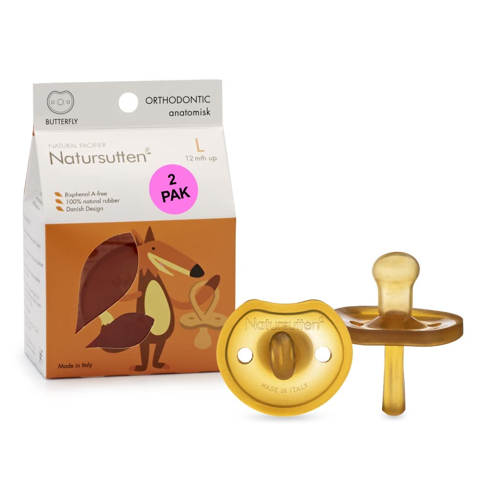Natursutten Pacifiers 12-18 Months - 2-Pack Butterfly Shield Orthodontic Nipple Natural Rubber Safe & Soft BPA-Free Pacifiers for Breastfeeding Babies - Newborn Pacifiers Made in Italy