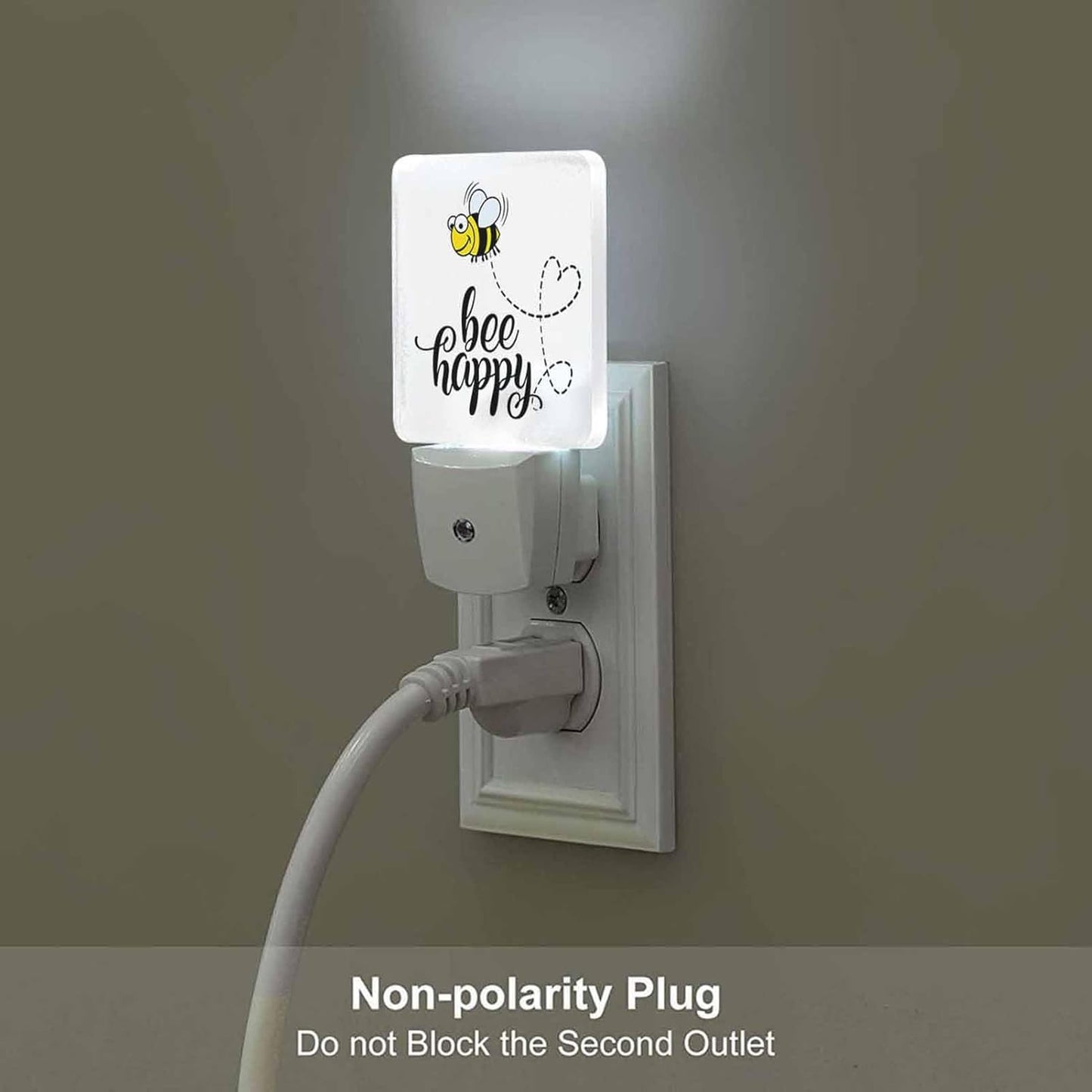 LED Night Light,Bee Happy Funny Text Quote Cute Fat Bee LED Night Light Plug into Wall with Dusk to Dawn Light Sensor White Energy Efficient Nightlight for Bedroom Bathroom Hallway Living Room Kitchen