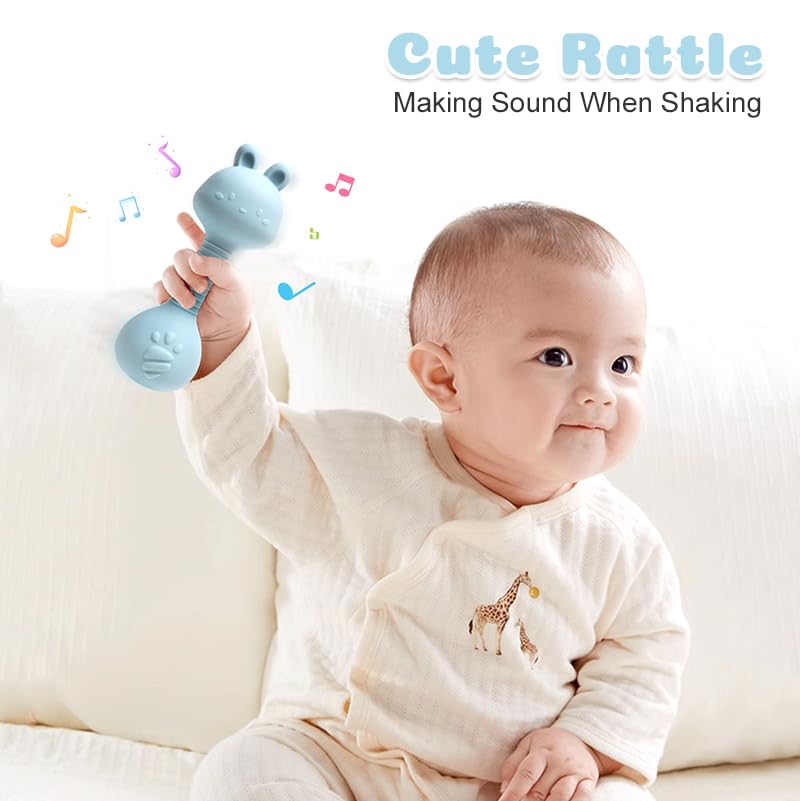 Silicone Rattle Teether for Babies – Soft BPA-Free Teething Toy & Sensory Rattle – 100% Food Grade Silicone, CPC Certified – Soothing Relief for Infants & Toddlers (Rabbit - Pink)