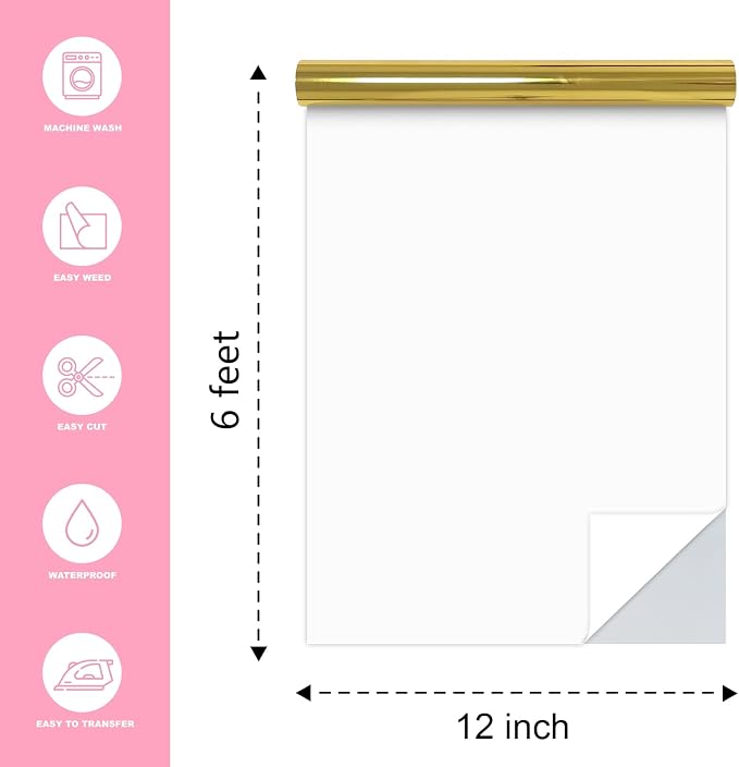 Gold Heat Transfer Vinyl Roll, Soft Metallic Foil HTV