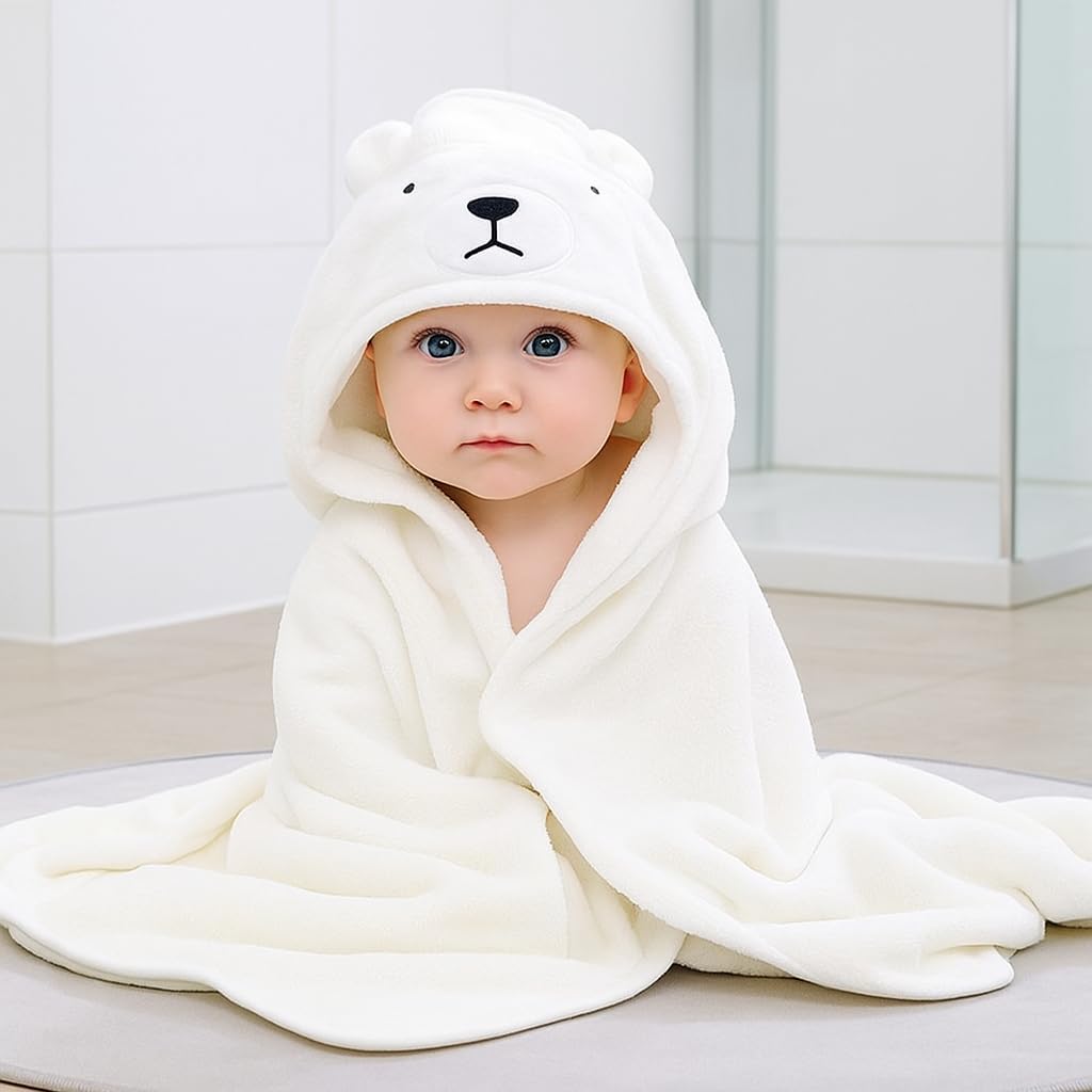 Hooded Baby Bath Towel for Boys & Girls – Soft & Absorbent White Animal Design | Plush Newborn & Toddler Bath Wrap