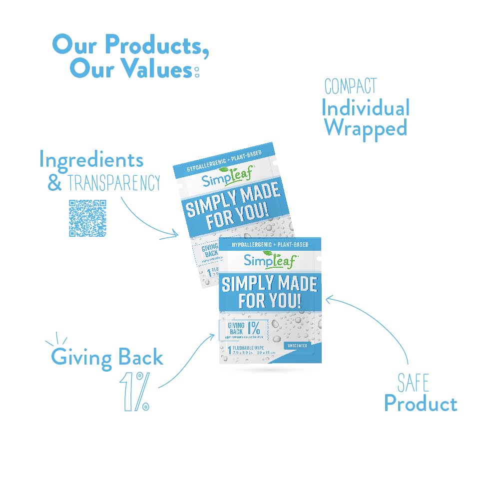 Simpleaf Flushable Unscented Single Pack Wet Wipes | Paraben & Alcohol Free | Hypoallergenic & Safe for Sensitive Skin | Soothing Aloe Vera Formula | (30 x 2 Single Pack Wipes) 60 Counts Total