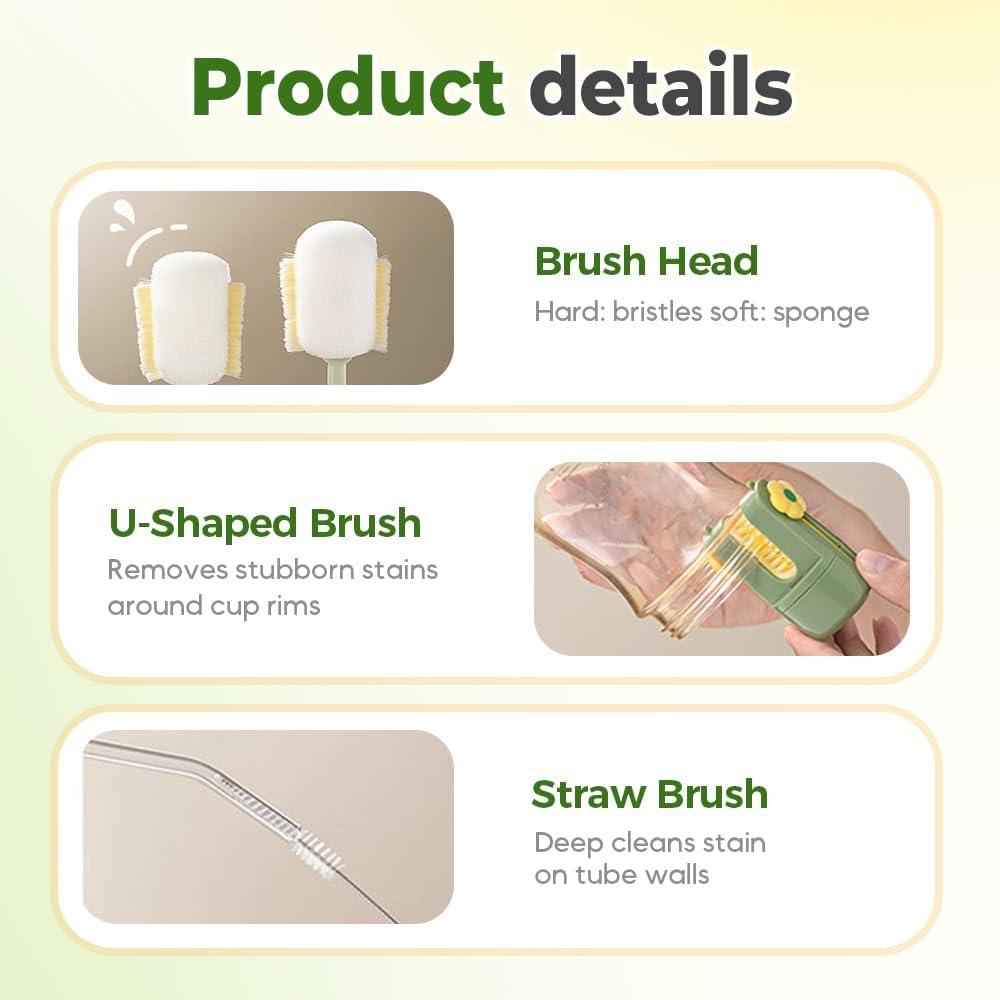 5 in 1 Bottle Cleaning Brush Set, 2025 Multifunctional Lid Brush Cleaning Tool Kitchen, Portable Long Handle Bottles Scrubber for Cup Lids, Hard Bristle Sponge Head Bottle Brushes (Green and White)