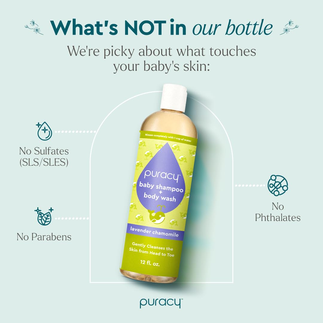 Puracy Baby Shampoo & Body Wash - Gently Scented Natural Baby Wash for Sensitive Skin -Lavender Chamomile Plant-Based Body Wash and Bath Soap For Daily Use - 12 Fl.Oz