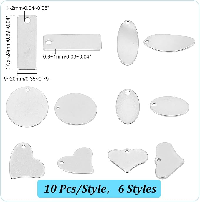 PH PandaHall 304 Stainless Steel Stamping Charms 60pcs 6 Style Blank Tags |