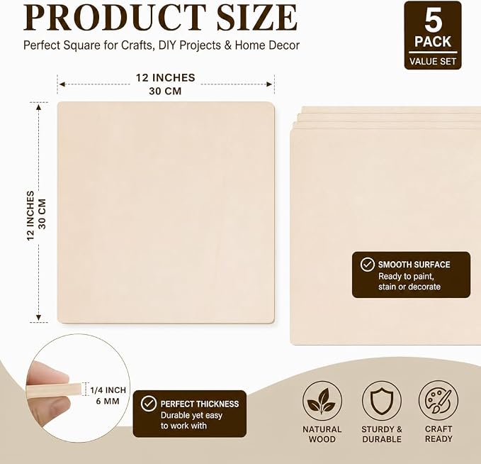 FSWCCK Unfinished Blank Square Wood Pieces, 5 Pack 6 mm 1/4" x 12" x 12" Craft