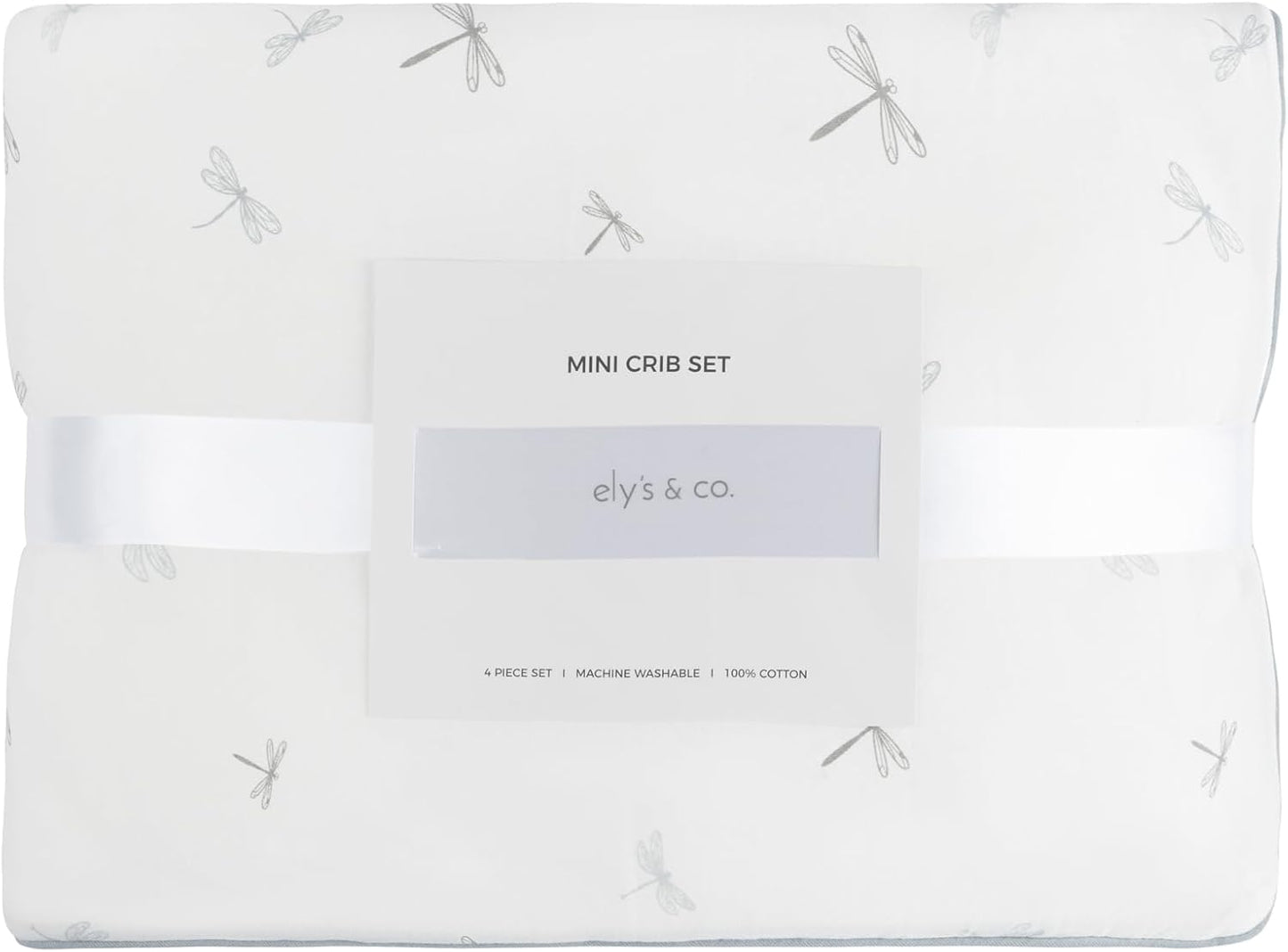 Ely's & Co. Mini Crib Bedding Set for Boys, 4 Piece Set - 1 Fitted Mini Crib Sheet, Quilted Comforter and Decorative Pillow, Blue Dragonfly + Stripe Collection