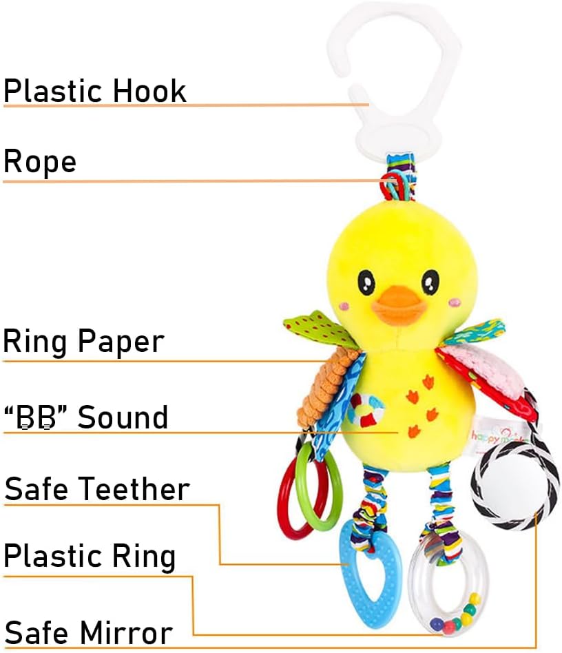 D-KINGCHY Baby Car Seat Stroller Toys Plush Hanging Animal Stuffed Rattle with Teether Sound for 0-3 Years Old (Duck)