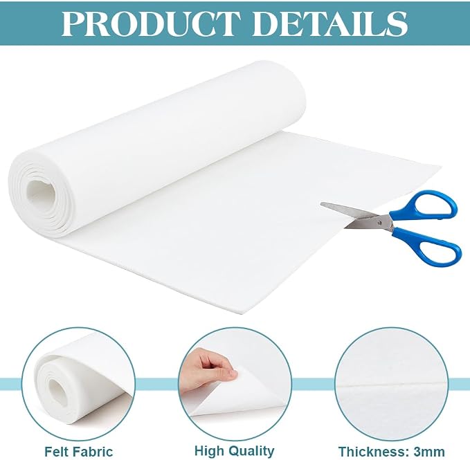 BENECREAT 78.7x15.7inch Felt Roll, Floral White Craft Felt Fabric, 3mm Thick