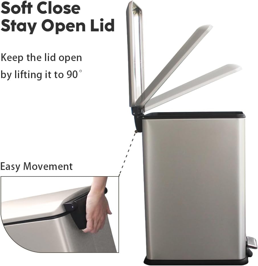 Bathroom Bin 10L, Small Kitchen Bins with Soft Close Lid,Slim Pedal Bin with Removable Inner Bucket,Small Bins for Bathroom,Kitchen,Bedroom,and Office,grey