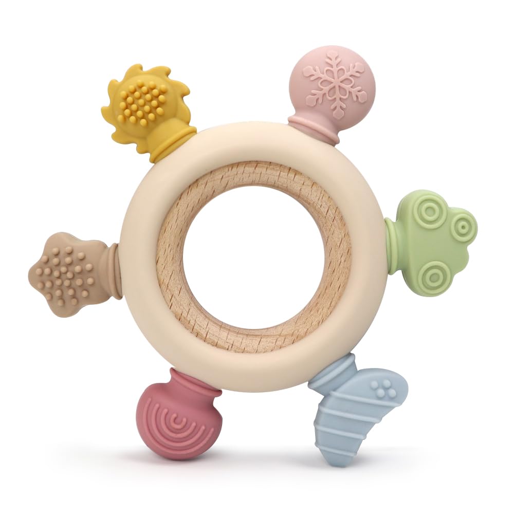 3Pcs Baby Silicone Teether Toy Set - Food-Grade Silicone Teething Relief Toys,Wooden Ring Teether Cute Bear Toy and Toy Straps for Babies 3-12 Months(Pink)