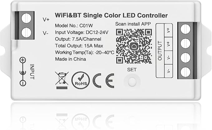 BTF-LIGHTING C01W Monochrome PWM (+V -V) 2PIN LED Strip Dim Brightness 2.4GHz Tuya WiFi Group Controller Alexa Google Home Smartphone APP Control Compatible with WR02RF RC01RFB Remote