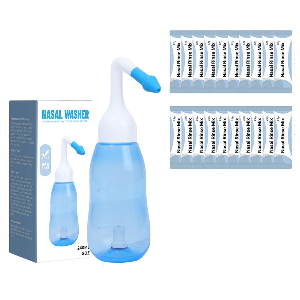 YUECIOIY Nasal Cleaning Bottle Sinus Rinse Bottle Cleaner Pressure Irrigation Net Pot with Sticker Temperature Gauge, Suitable for Adults and Children 240ml with 20 Nasal Cleaning Saltpacks