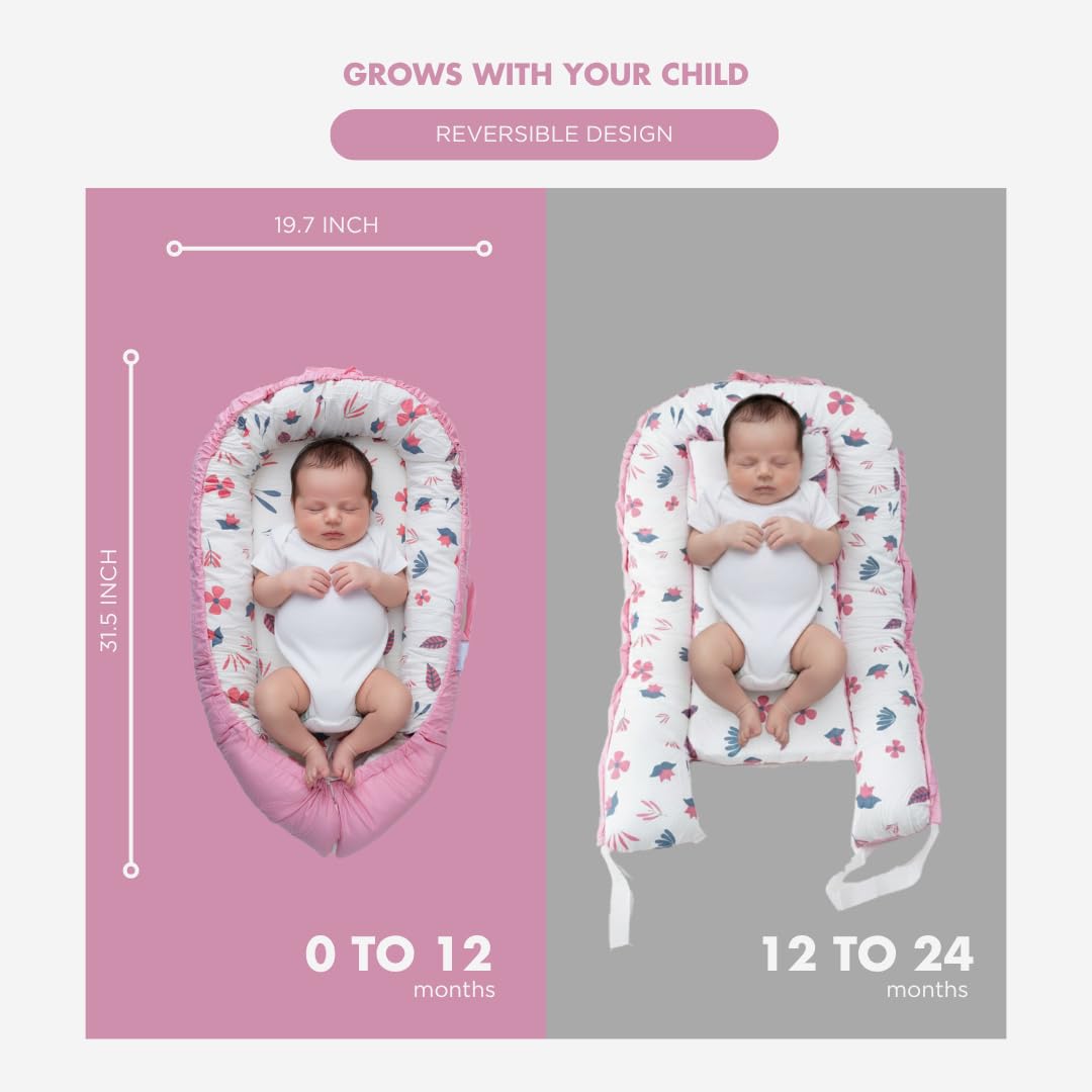TKC Baby Lounger 0-24 Months | Adjustable Infant Lounger | Breathable Organic Cotton Cover | Reversible Floral Pattern | Includes Matching Swaddle Blanket | Portable Baby Nest