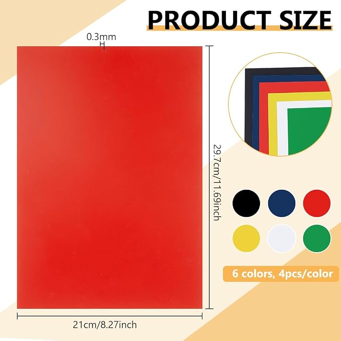 BENECREAT 24Pcs 6 Colors PVC Flexible Plastic Sheets, 11.8x8.3 Inch A4