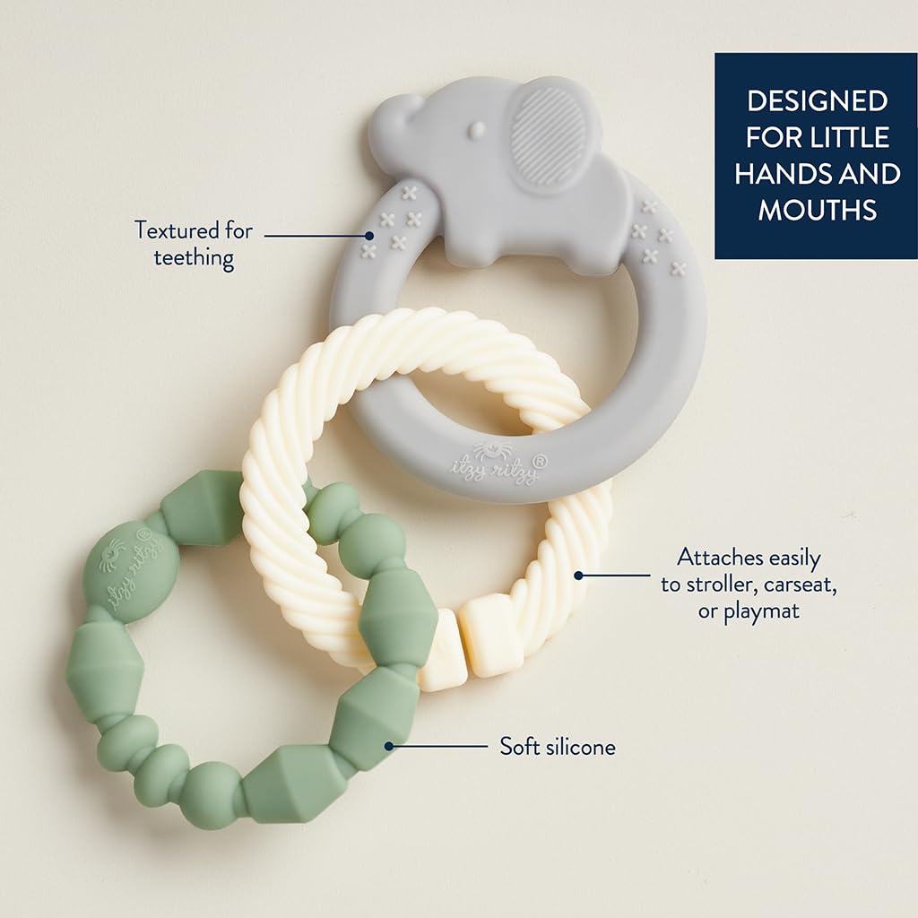 Itzy Ritzy - Itzy Loops Sensory Teether; Includes 2 Silicone Rings and 1 Link (Elephant)