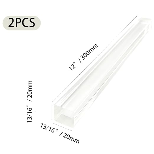2Pcs Heavy-Duty Clear Acrylic Square Rods, 20mm x 300mm Thick Transparent