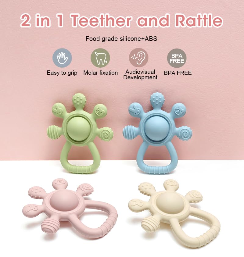 Silicone Rattle Teether for Babies – Soft BPA-Free Teething Toy & Sensory Rattle – 100% Food Grade Silicone, CPC Certified – Soothing Relief for Infants & Toddlers (Rudder - Green)