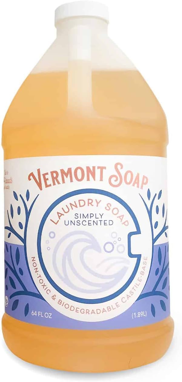 Vermont Soap Laundry Detergent, Laundry Soap, Natural Laundry Detergent Liquid, Baby Detergent, washing — Simply Unscented, 64 Fl Oz