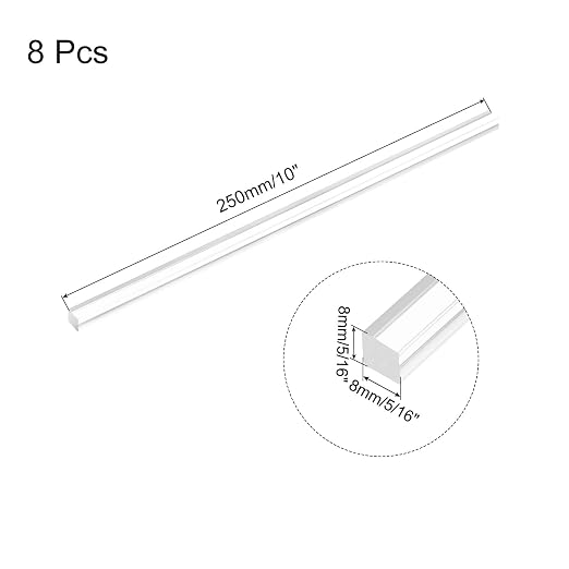 MECCANIXITY 8pcs Acrylic Square Rods 5/16" x 10" Clear Acrylic Dowel Rods