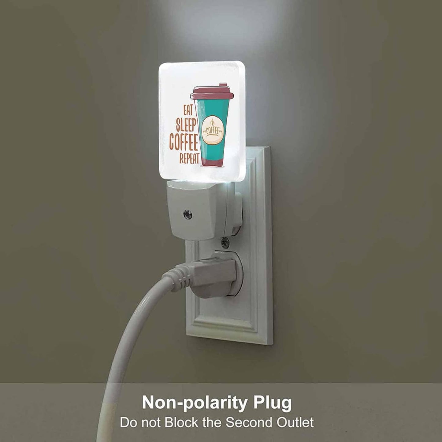 LED Night Light,Eat Sleep Funky Coffee LED Night Light Plug into Wall with Dusk to Dawn Light Sensor White Energy Efficient Nightlight for Bedroom Bathroom Hallway Living Room Kitchen