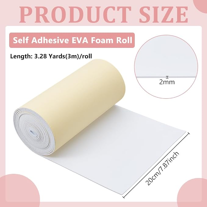 BENECREAT 118x8 Inch White Self Adhesive EVA Foam Roll, 2mm Thick Waterproof