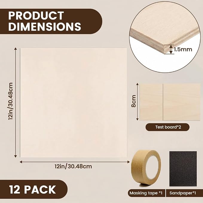 12 X 12 X 1/16 Inch Basswood Sheets, 12 Pack Plywood Sheets, Unfinished Thin