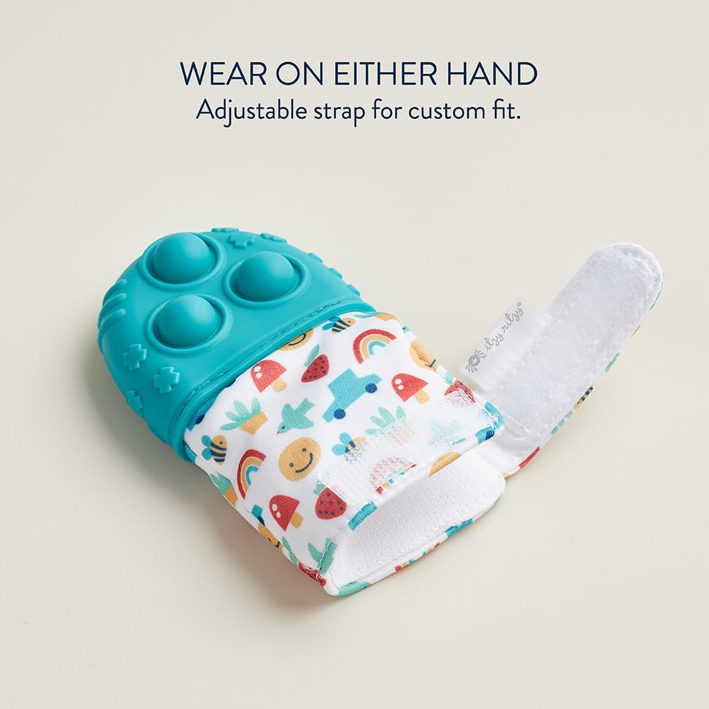 Itzy Ritzy Silicone Teething Mitt - Soothing Infant Teething Mitten with Adjustable Strap, Crinkle Sound & Textured Silicone to Soothe Sore & Swollen Gums - for Ages 3 Months & Up (Teal)