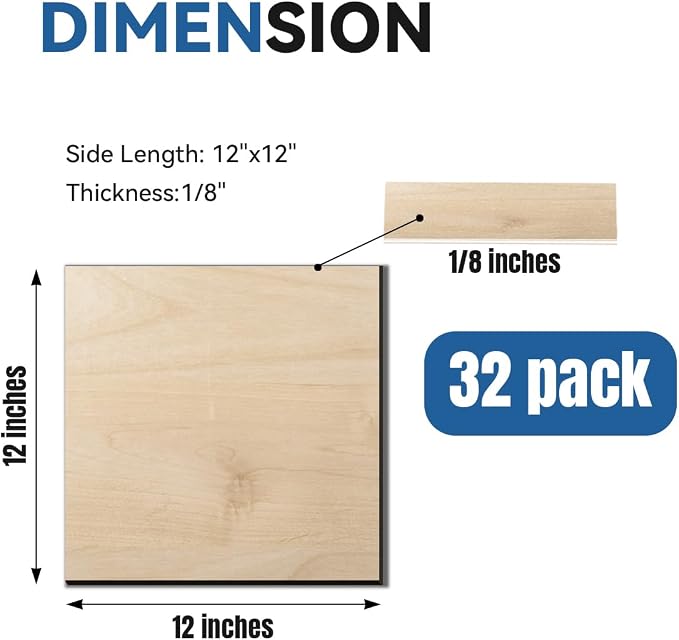 32Pack Basswood Sheets for Craft, 12×12×1/8 Inches Thick Plywood Sheet