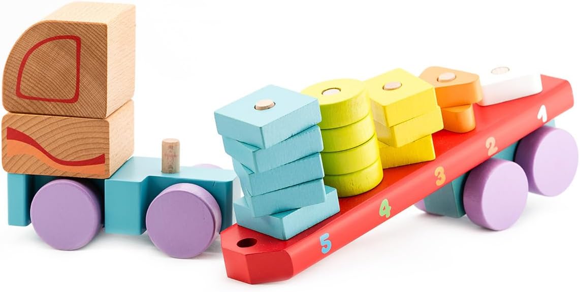 CUBIKA Wooden Geometric Shapes Truck– Montessori Toy for Toddlers Ages 3+– Shape Sorter and Stacking Truck Building Toy– FSC-Certified Wood, German Water-Based Paints, Travel-Friendly