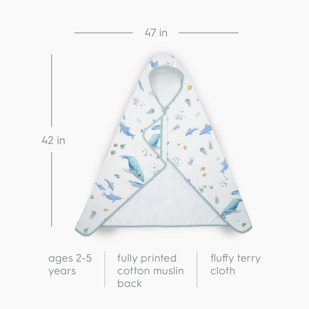 Little Unicorn Premium Hooded Bath Towel| Absorbent Cotton & Terry Blend | Larger Size, 1-6 Years (Whales)