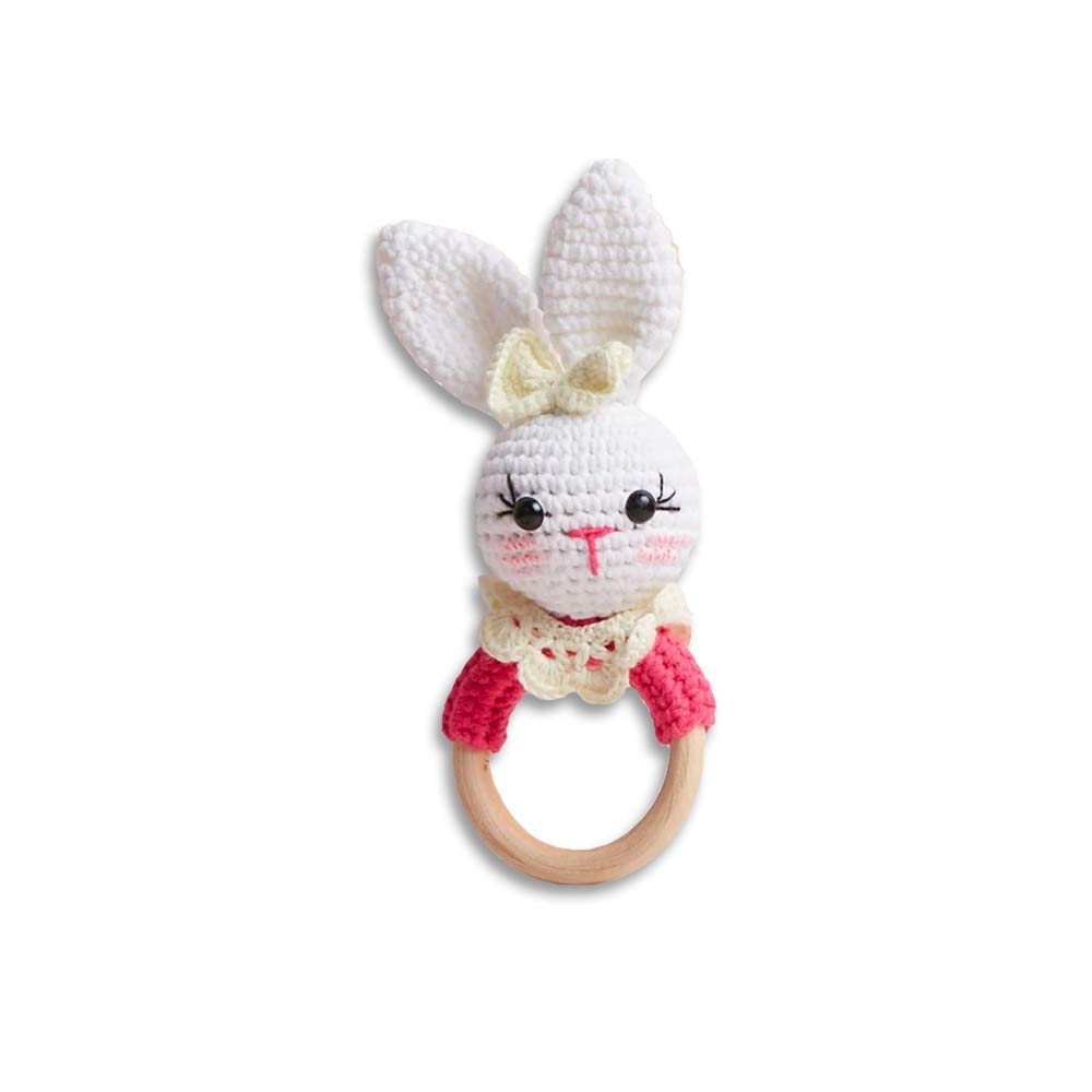 Chippi & Co Crochet Baby Rattle, Crochet Baby Toys, Stuffed Baby Doll, Organic Wooden Newborn Toys, Knitted Stuffed Animals for Babies Boy, Girl, Baby Shower Gifts for New Mom, Dad (Rosie Bunny)