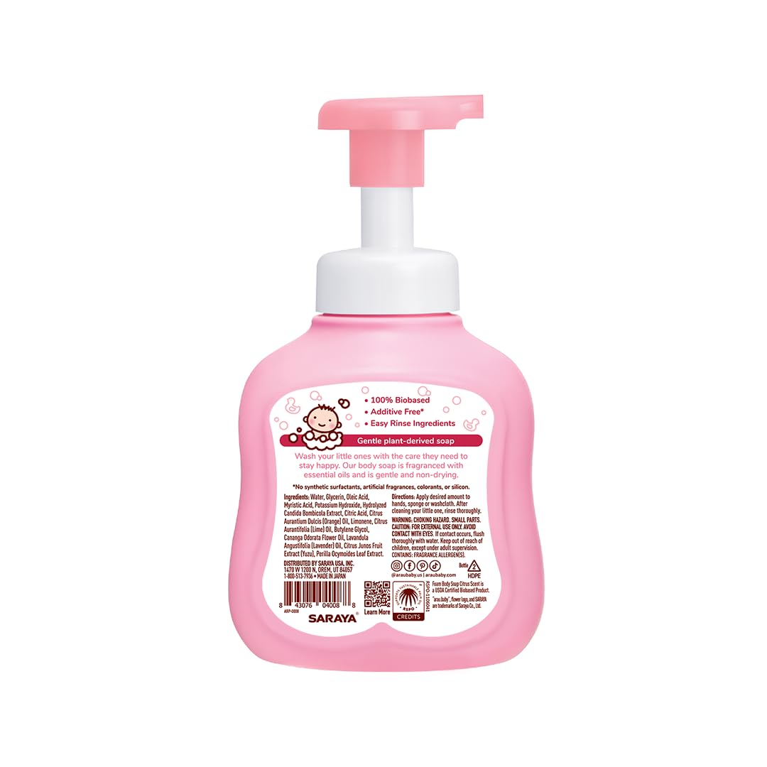 Arau Baby Foam Body Soap, Citrust Scent, Natural Plant Based Foaming Body Wash for Babies, Infants and Toddlers, Gentle on Sensitive Skin, No Artificial Fragrance or Additives, Easy Rinse, 15.21 Fl Oz