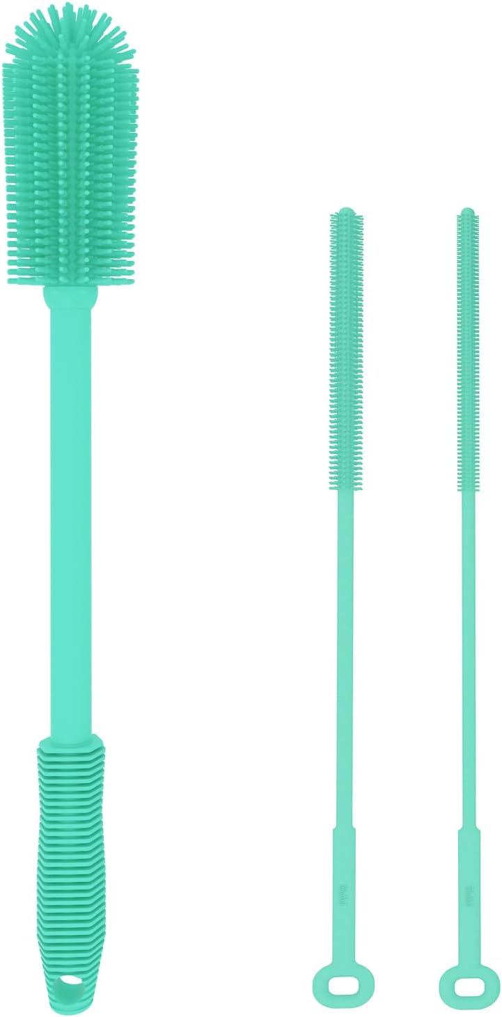 Silicone Bottle Brush with 2 Straw Cleaner Brushes,Bottle Brush Set for Cleaning Bottles,Jars,Tumblers,Thermoses,Baby Bottle,Water Bottle,Dish,Easy to Use and Dry,Heat Resistant Sturdy