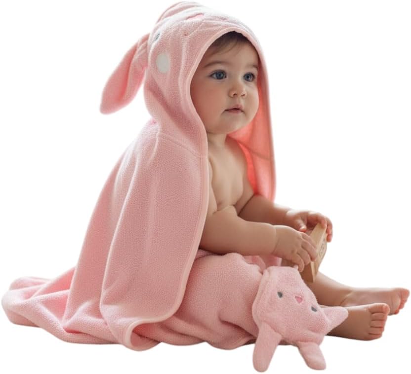 Hooded Baby Towel with Mitt - Ultra Soft Plush Bath Essential for Newborn, Infant & Toddler - Premium 30x30 Inch Large Absorbent Baby Bath Towels with Hood for Boys & Girls (Cute Bunny)