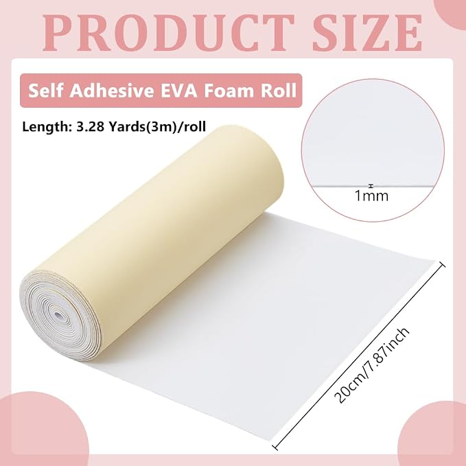 BENECREAT 118x8 Inch White Self Adhesive EVA Foam Roll, 1mm Thick Waterproof